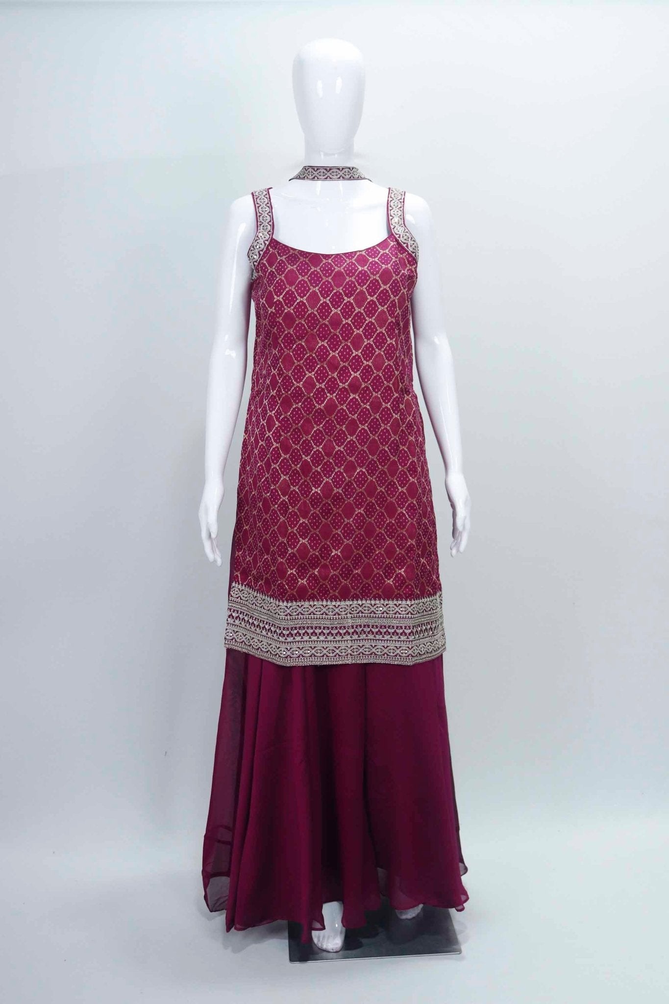 Wine Sleeveless Foil Printed Kurta Sharara Set with Embroidered Straps and Hem Detailing - Mangaldeep NX