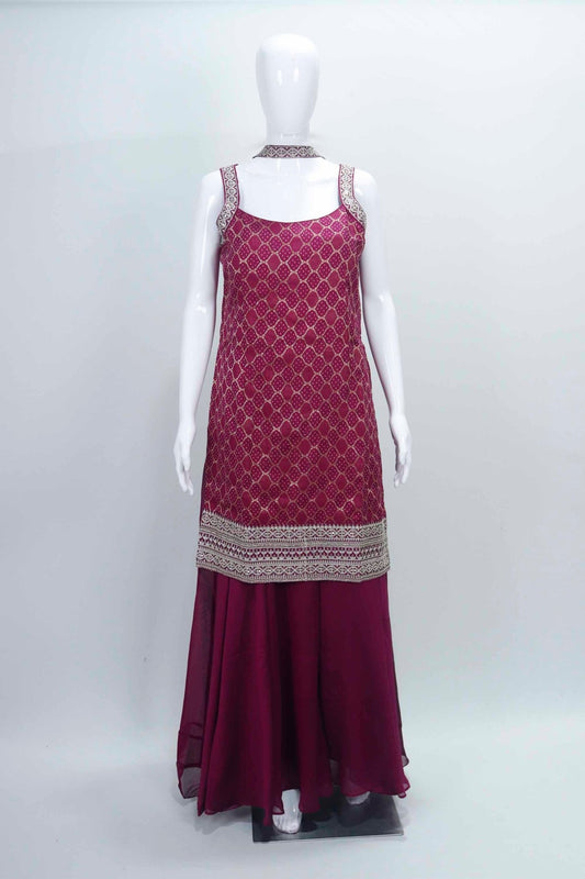 Wine Sleeveless Foil Printed Kurta Sharara Set with Embroidered Straps and Hem Detailing - Mangaldeep NX