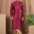 Wine Textured Art Silk Kurta for Men with Beige Pyjama - Mangaldeep NX
