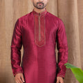Wine Textured Art Silk Kurta for Men with Beige Pyjama - Mangaldeep NX
