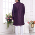 Wine Textured Silk Indo - Western Sherwani Set for Men with Button Detailing and White Pants - Mangaldeep NX