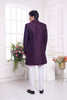 Wine Textured Silk Indo - Western Sherwani Set for Men with Button Detailing and White Pants - Mangaldeep NX