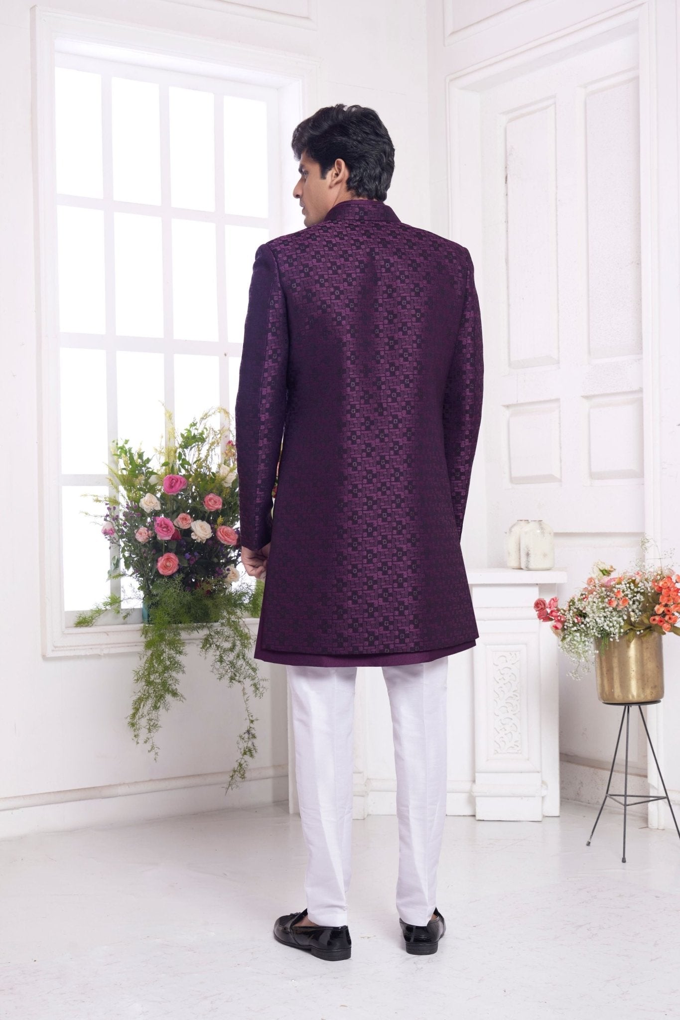 Wine Textured Silk Indo - Western Sherwani Set for Men with Button Detailing and White Pants - Mangaldeep NX