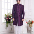 Wine Textured Silk Indo - Western Sherwani Set for Men with Button Detailing and White Pants - Mangaldeep NX