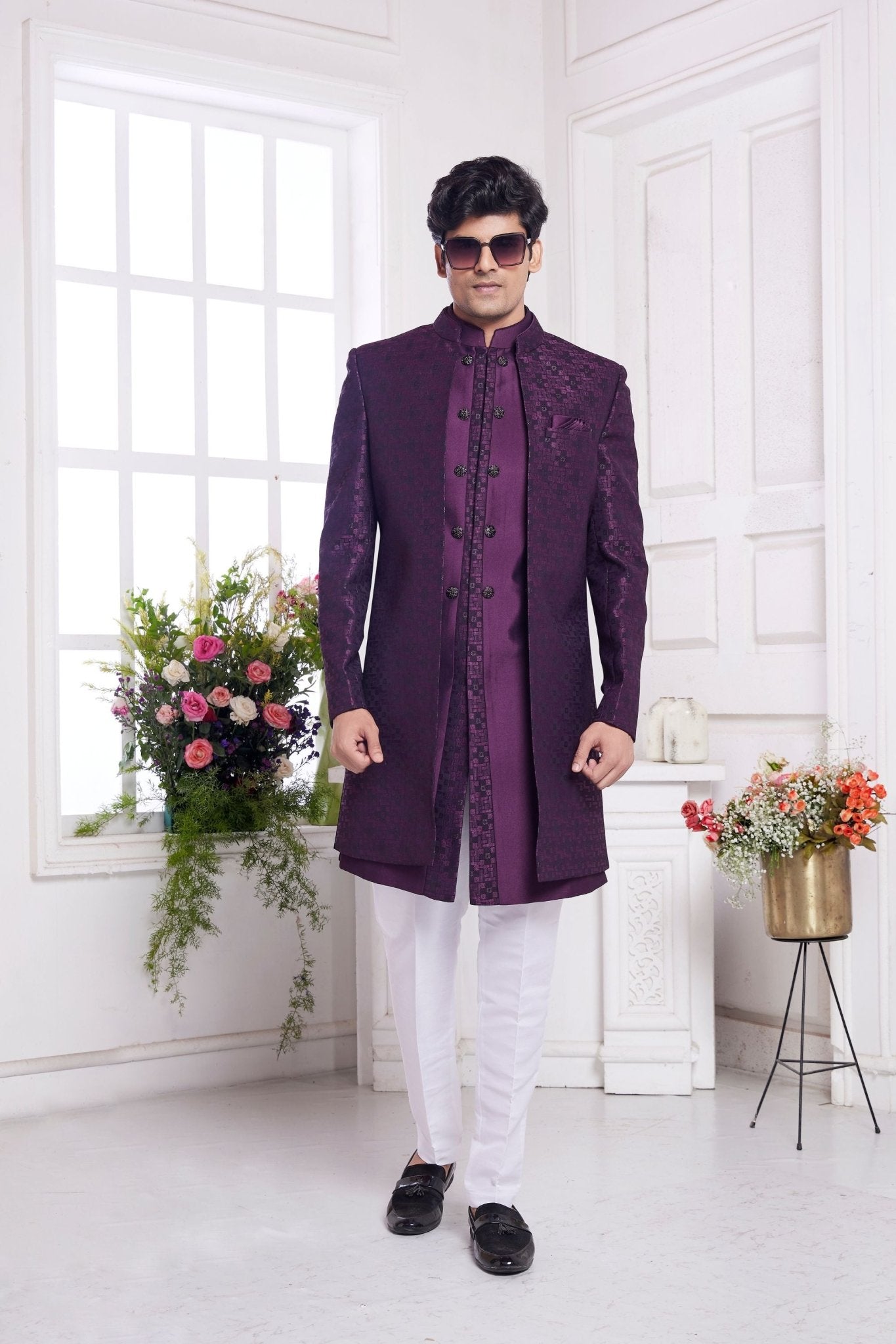 Wine Textured Silk Indo - Western Sherwani Set for Men with Button Detailing and White Pants - Mangaldeep NX