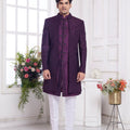 Wine Textured Silk Indo - Western Sherwani Set for Men with Button Detailing and White Pants - Mangaldeep NX