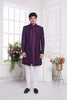Wine Textured Silk Indo - Western Sherwani Set for Men with Button Detailing and White Pants - Mangaldeep NX