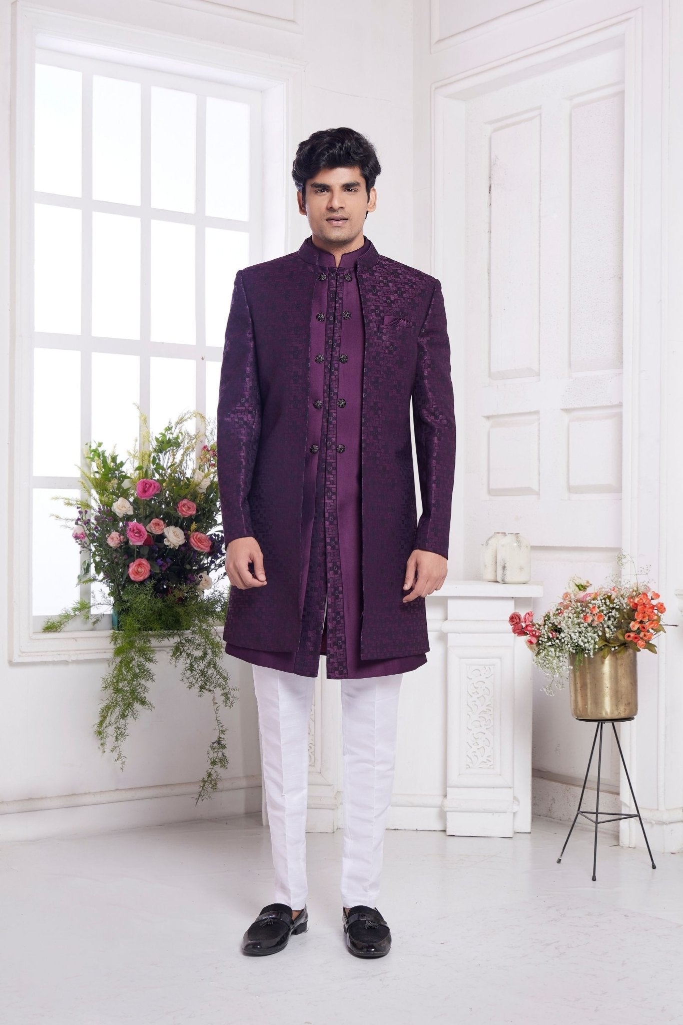 Wine Textured Silk Indo - Western Sherwani Set for Men with Button Detailing and White Pants - Mangaldeep NX