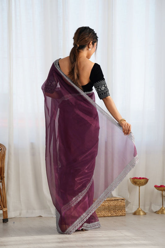 Wine Twill Net Saree with Silver Sequin Border and Black Velvet Blouse - Mangaldeep NX