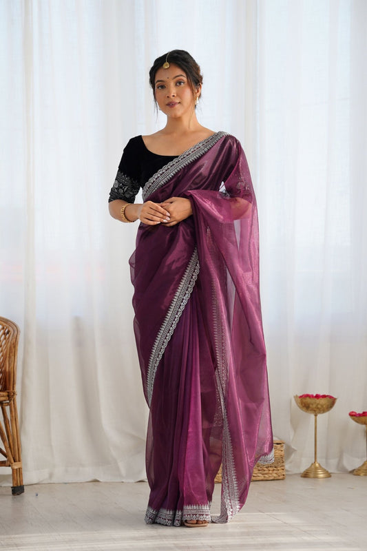 Wine Twill Net Saree with Silver Sequin Border and Black Velvet Blouse - Mangaldeep NX