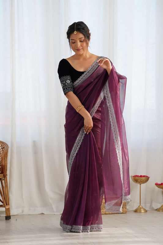 Wine Twill Net Saree with Silver Sequin Border and Black Velvet Blouse - Mangaldeep NX