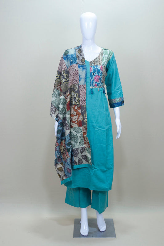 Women's Teal Cotton Kurta Set with Multicolor Printed Dupatta - Mangaldeep NX
