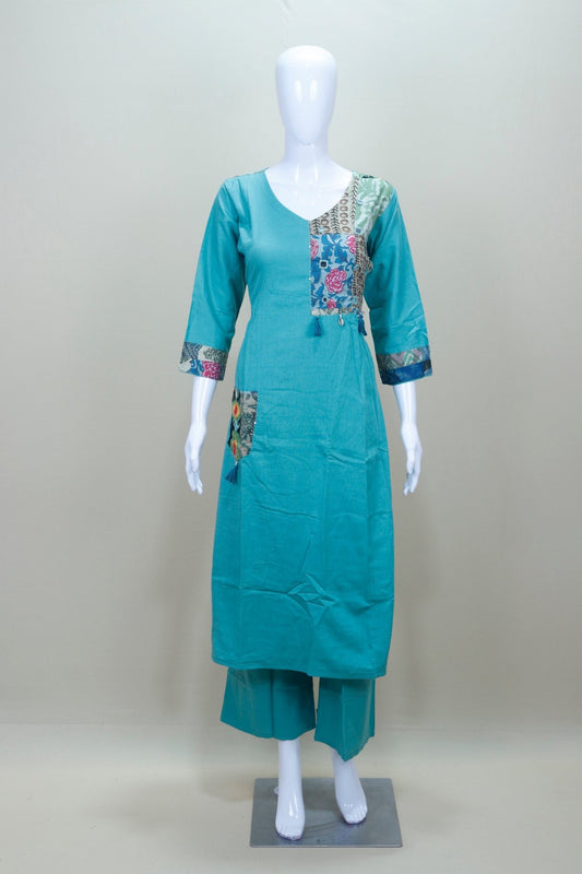 Women's Teal Cotton Kurta Set with Multicolor Printed Dupatta - Mangaldeep NX