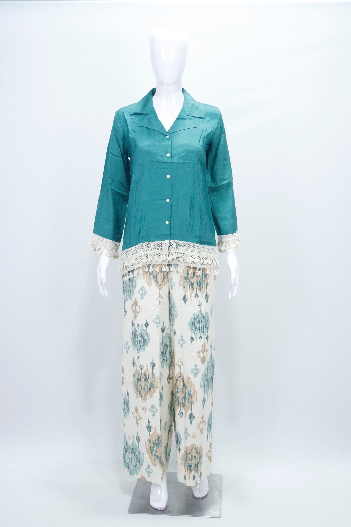 Women's Teal Cotton Top with Ikat Print Palazzo Set - Mangaldeep NX