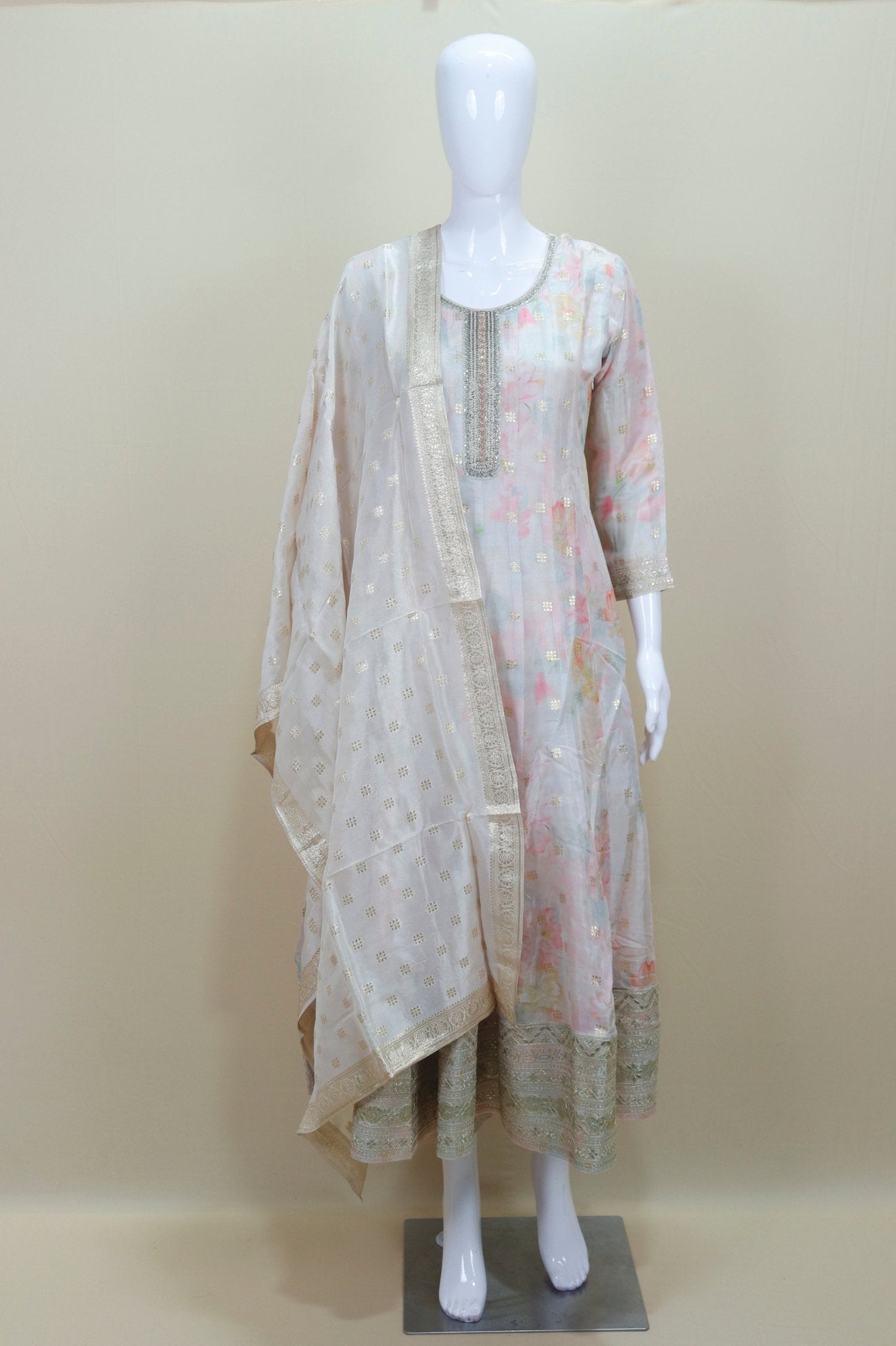 Women's White Floral Anarkali Suit Graceful Indian Ethnic Wear for Festive and Party Occasions - Mangaldeep NX