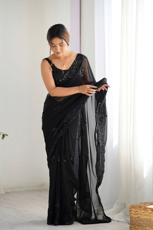 WOW Black Georgette Saree with Sequin Embellishments and Designer Blouse - Mangaldeep NX