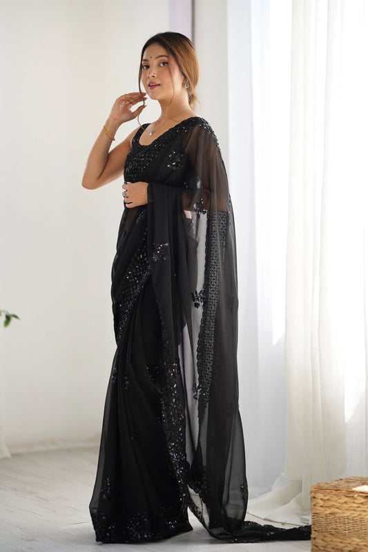 WOW Black Georgette Saree with Sequin Embellishments and Designer Blouse - Mangaldeep NX
