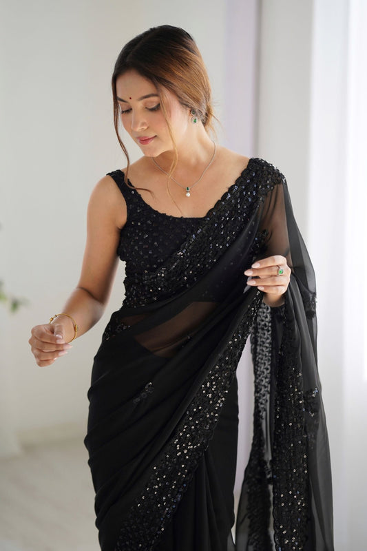 WOW Black Georgette Saree with Sequin Embellishments and Designer Blouse - Mangaldeep NX