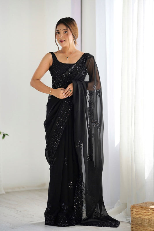 WOW Black Georgette Saree with Sequin Embellishments and Designer Blouse - Mangaldeep NX