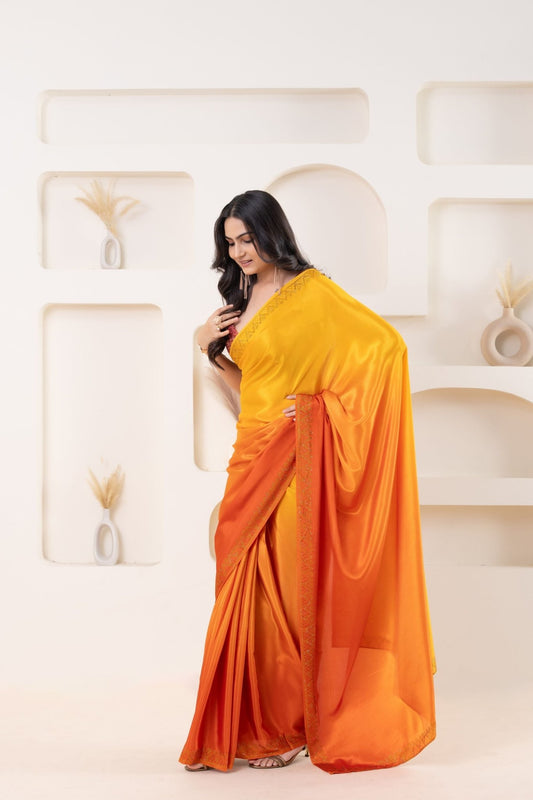 Yellow and Orange Satin Silk Saree with Subtle Zari Border and Designer Blouse - Mangaldeep NX