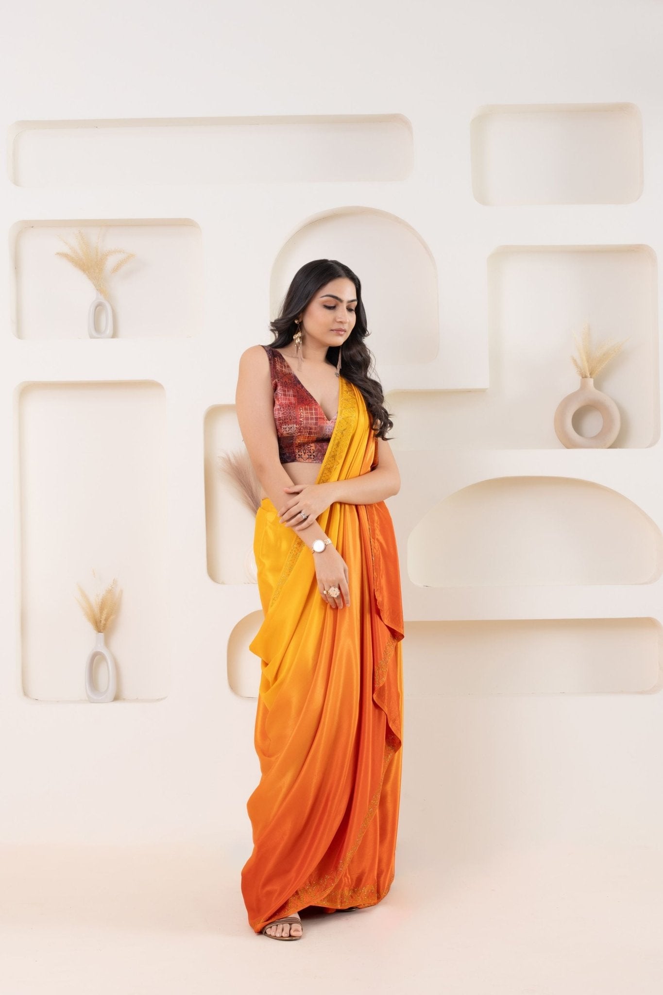 Yellow and Orange Satin Silk Saree with Subtle Zari Border and Designer Blouse - Mangaldeep NX