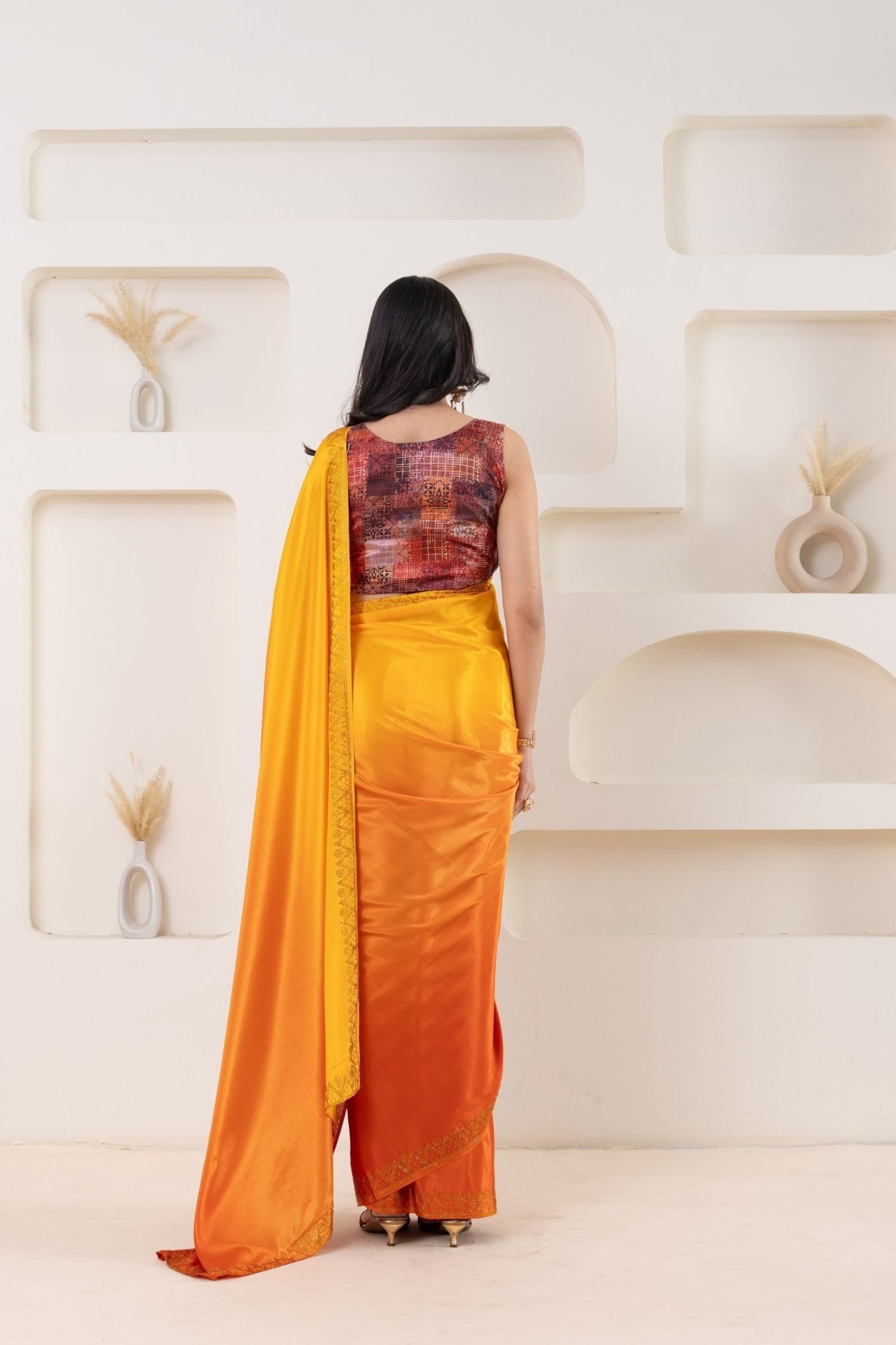Yellow and Orange Satin Silk Saree with Subtle Zari Border and Designer Blouse - Mangaldeep NX