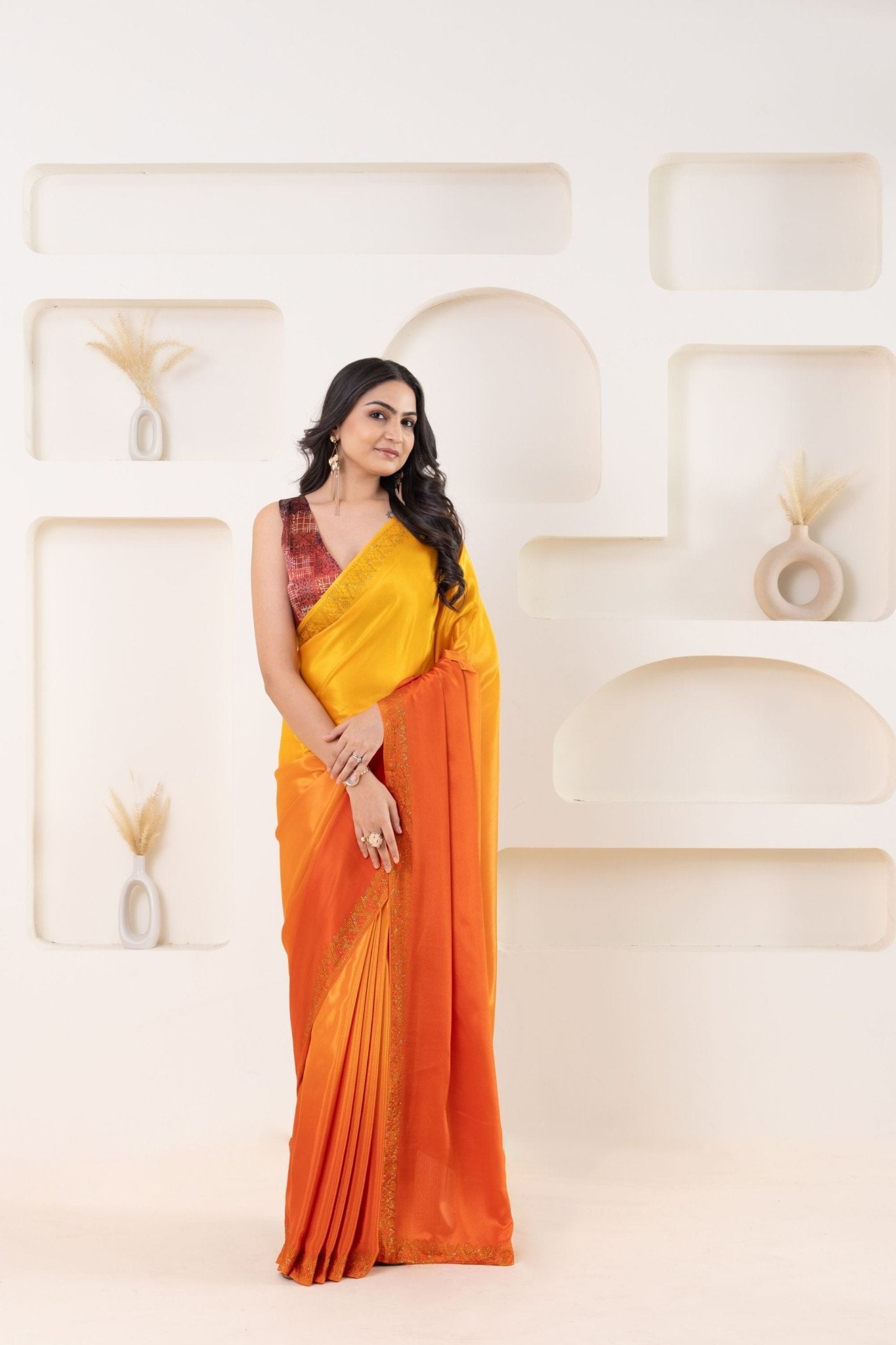 Yellow and Orange Satin Silk Saree with Subtle Zari Border and Designer Blouse - Mangaldeep NX