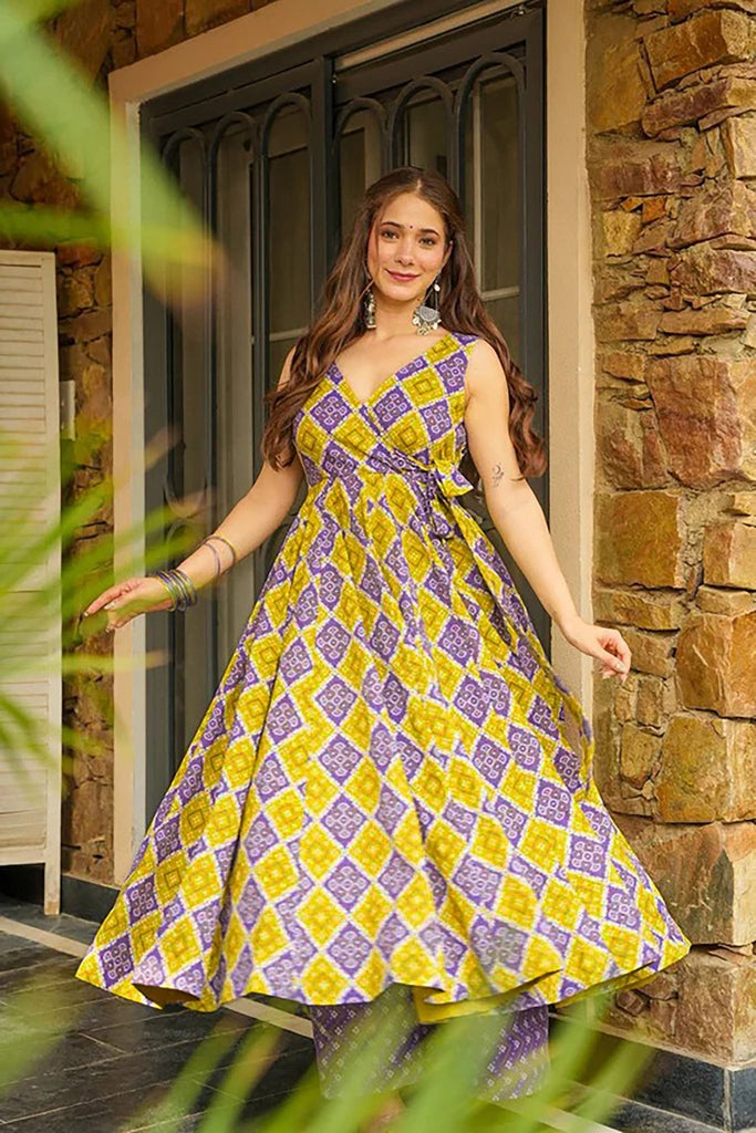 Yellow and Purple Rayon Bandhani Print Kurti with Palazzo Set - Mangaldeep NX