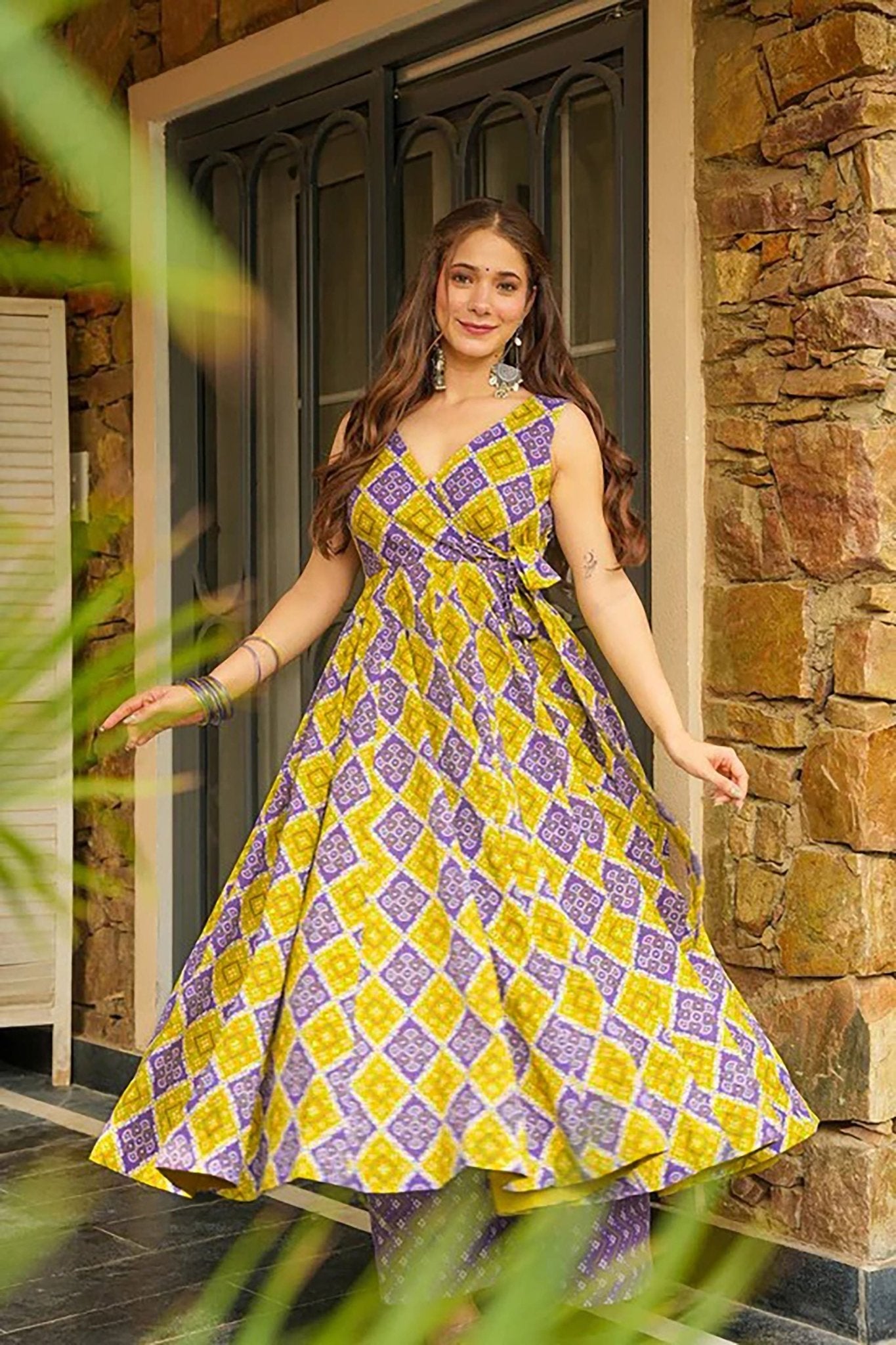 Yellow and Purple Rayon Bandhani Print Kurti with Palazzo Set - Mangaldeep NX