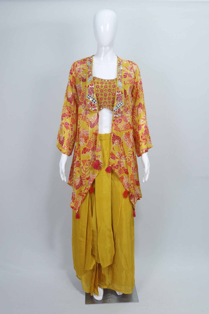 Yellow Dhoti Set for Women Crop Top Printed Jacket Indo Western Dress - Mangaldeep NX