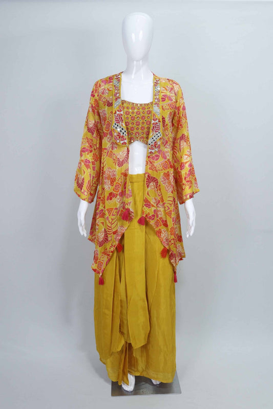 Yellow Dhoti Set for Women Crop Top Printed Jacket Indo Western Dress - Mangaldeep NX