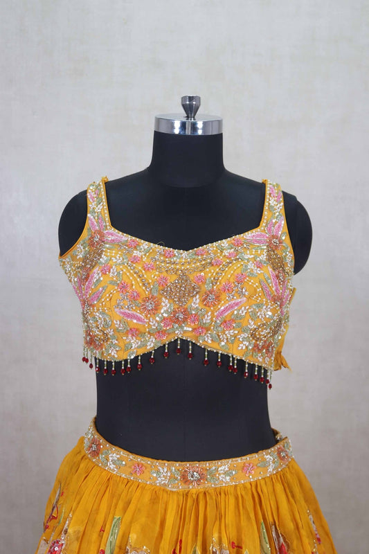 Yellow Floral Embroidered Lehenga Choli with Mirror Work Dupatta - Mangaldeep NX