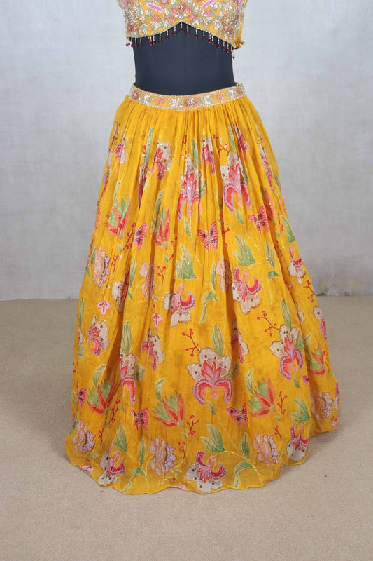 Yellow Floral Embroidered Lehenga Choli with Mirror Work Dupatta - Mangaldeep NX
