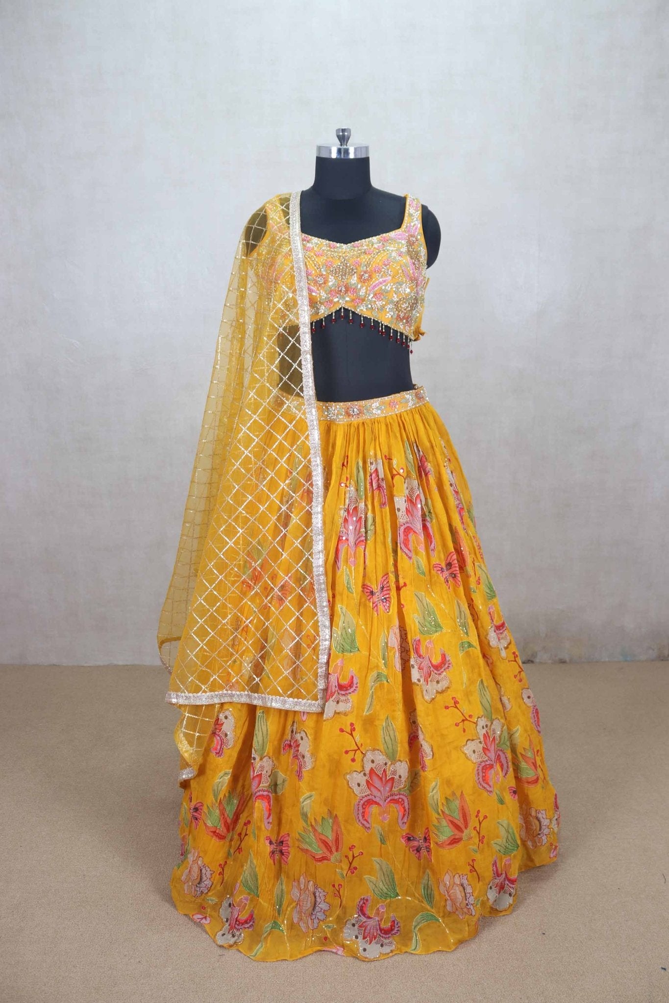 Yellow Floral Embroidered Lehenga Choli with Mirror Work Dupatta - Mangaldeep NX