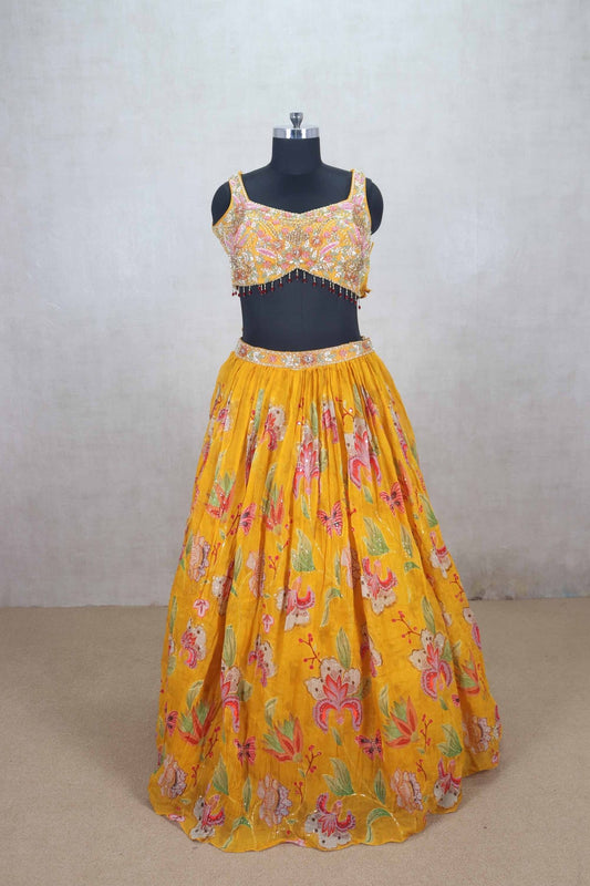 Yellow Floral Embroidered Lehenga Choli with Mirror Work Dupatta - Mangaldeep NX