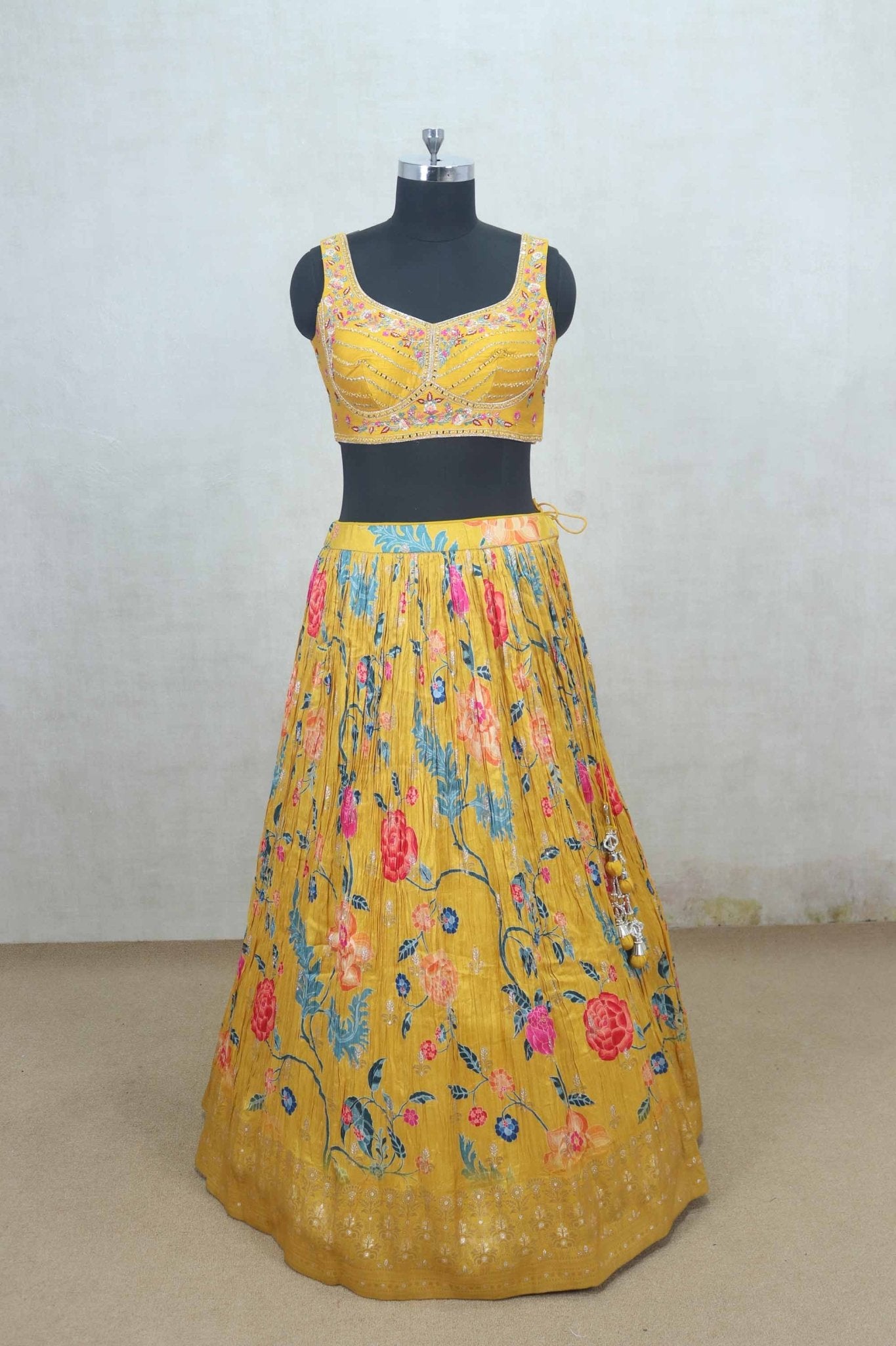 Yellow Floral Embroidered Silk Lehenga Choli with Dupatta - Mangaldeep NX