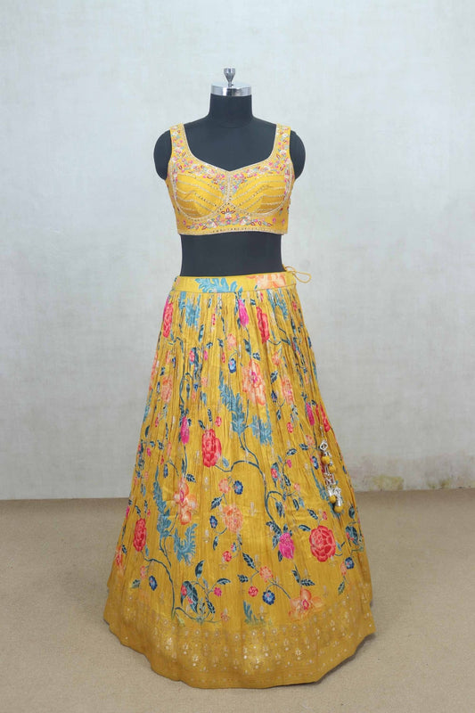 Yellow Floral Embroidered Silk Lehenga Choli with Dupatta - Mangaldeep NX