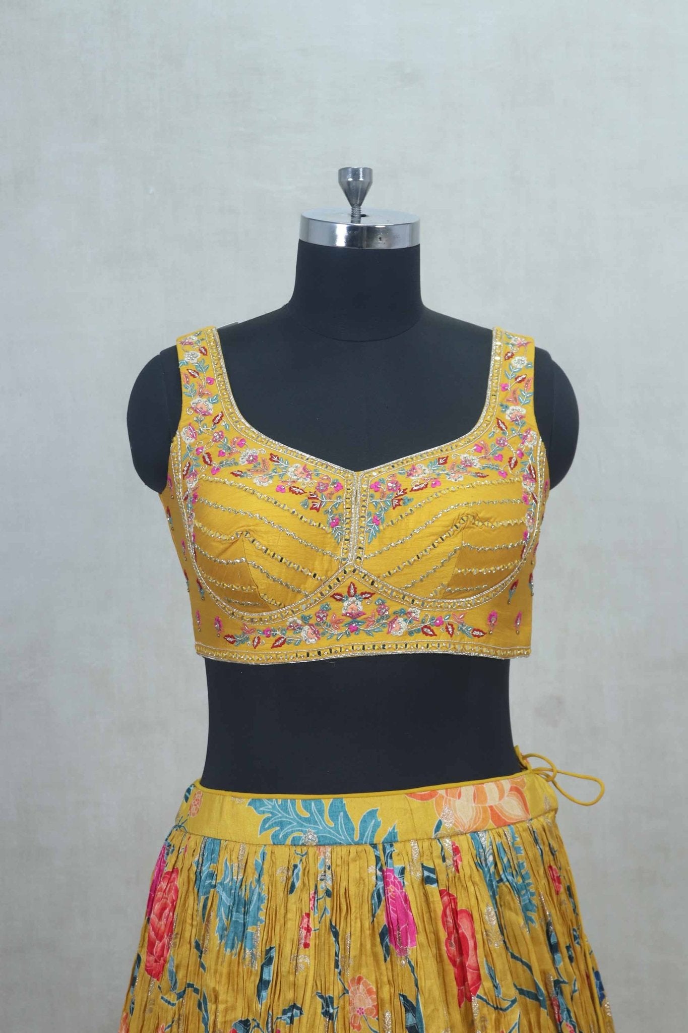 Yellow Floral Embroidered Silk Lehenga Choli with Dupatta - Mangaldeep NX
