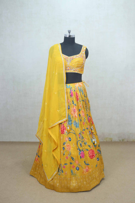 Yellow Floral Embroidered Silk Lehenga Choli with Dupatta - Mangaldeep NX