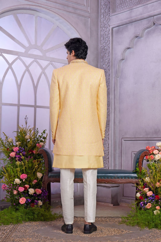 Yellow Indo Western Sherwani for Men with Embroidered Jacket - Mangaldeep NX
