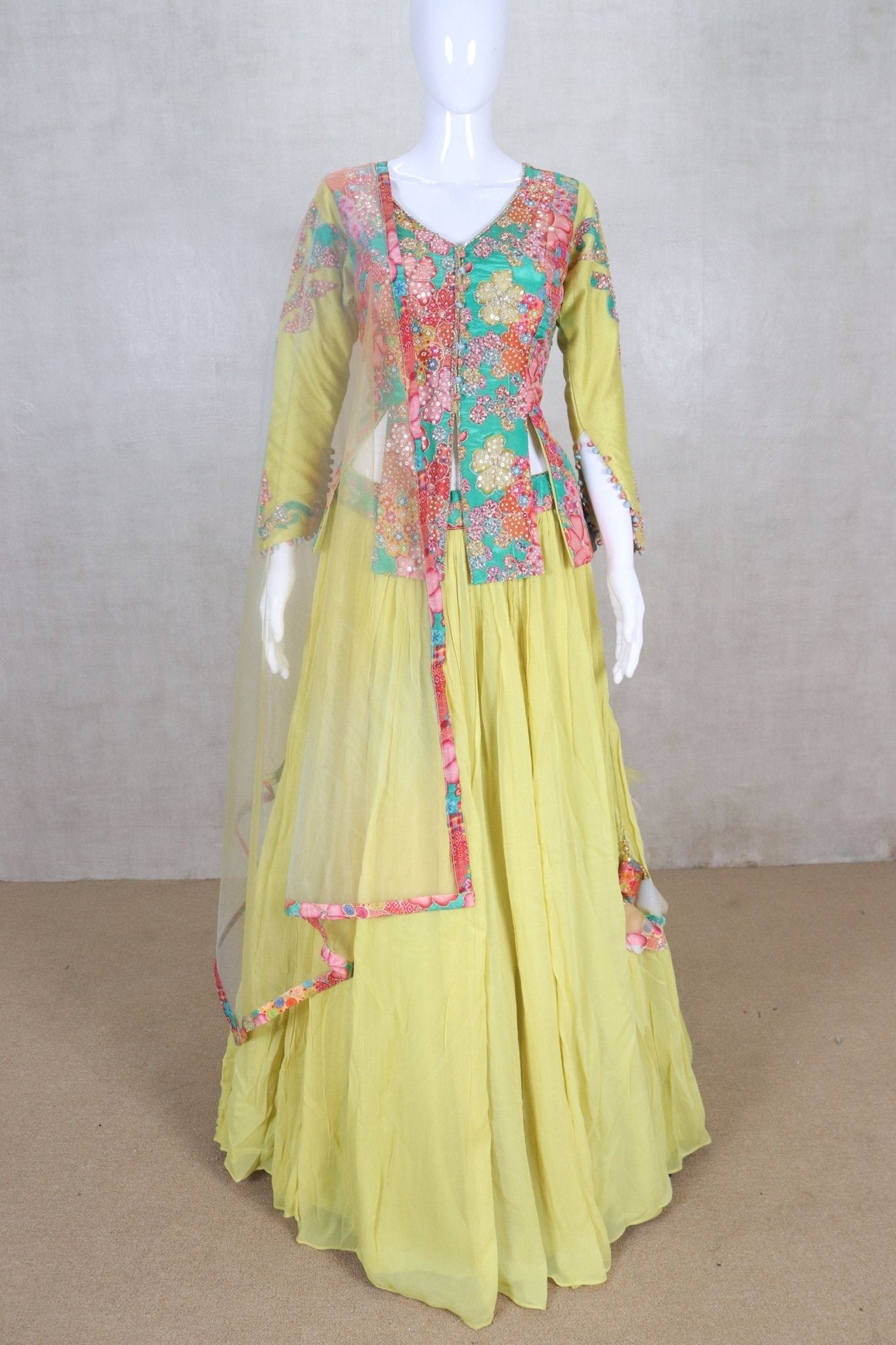 Yellow Lehenga Choli with Multicolor Floral Embroidered Jacket - Mangaldeep NX