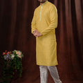 Yellow Printed Art Silk Kurta for Men with Off - White Pyjama - Mangaldeep NX