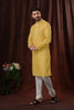 Yellow Printed Art Silk Kurta for Men with Off - White Pyjama - Mangaldeep NX