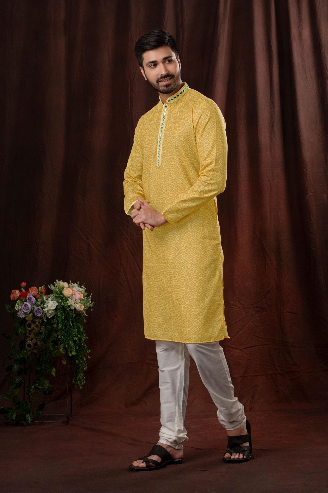 Yellow Printed Art Silk Kurta for Men with Off - White Pyjama - Mangaldeep NX