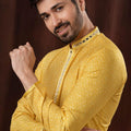 Yellow Printed Art Silk Kurta for Men with Off - White Pyjama - Mangaldeep NX