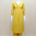 Yellow Printed Cotton Kurta Set Ethnic Wear with 3/4 Sleeves and Pleated Design - Mangaldeep NX