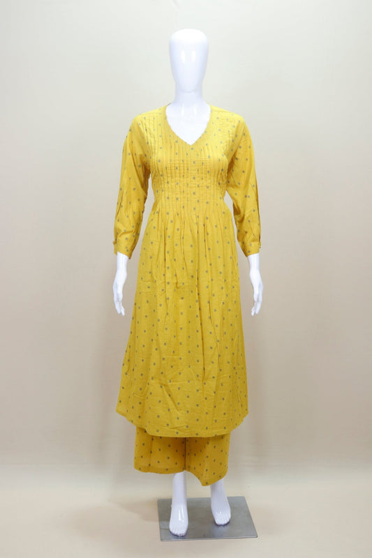 Yellow Printed Cotton Kurta Set Ethnic Wear with 3/4 Sleeves and Pleated Design - Mangaldeep NX