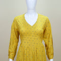 Yellow Printed Cotton Kurta Set Ethnic Wear with 3/4 Sleeves and Pleated Design - Mangaldeep NX