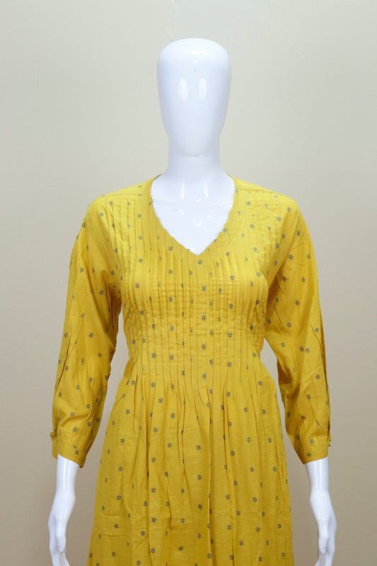 Yellow Printed Cotton Kurta Set Ethnic Wear with 3/4 Sleeves and Pleated Design - Mangaldeep NX