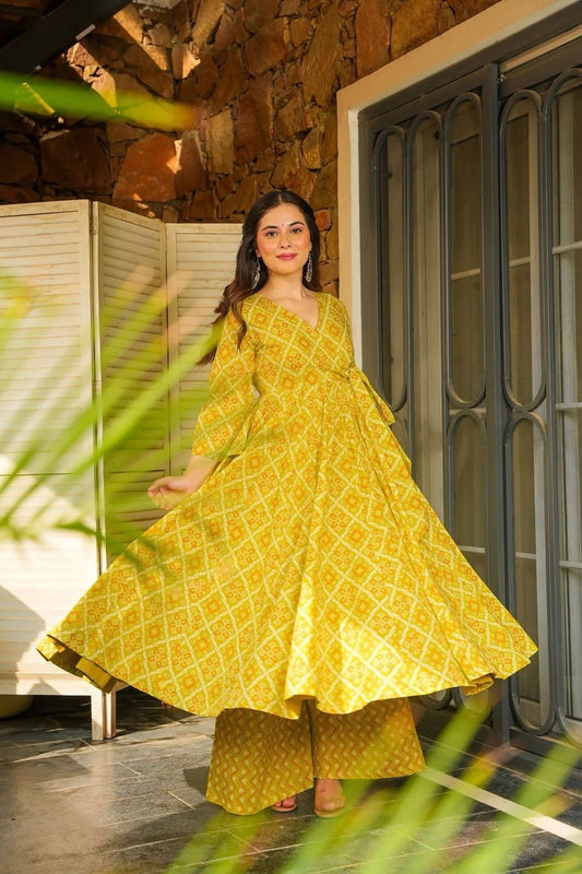 Yellow Rayon Bandhani Print Kurti with Palazzo Set for Festive Wear - Mangaldeep NX
